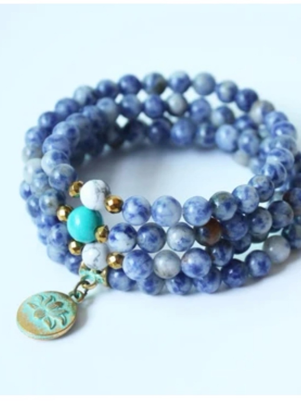 Sodalite Mala Beaded Wrap Bracelet with Turquoise Accent and Gold Lotus Charm